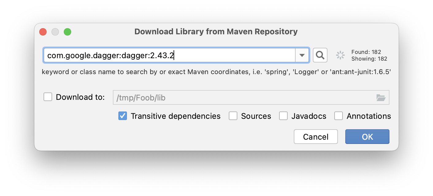 Maven module search dialog showing a search for “com.google.dagger:dagger:”