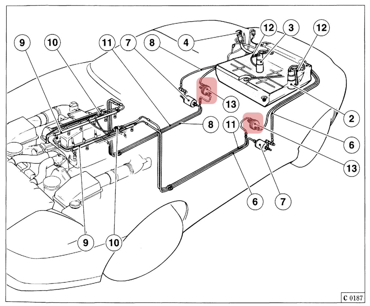 A technical line illustration of the fuel system in a car. Parts between a fuel tank and the engine are illustrated and called out with numbers. Two parts near the fuel tank are highlighted in pink, labeled with number 13.